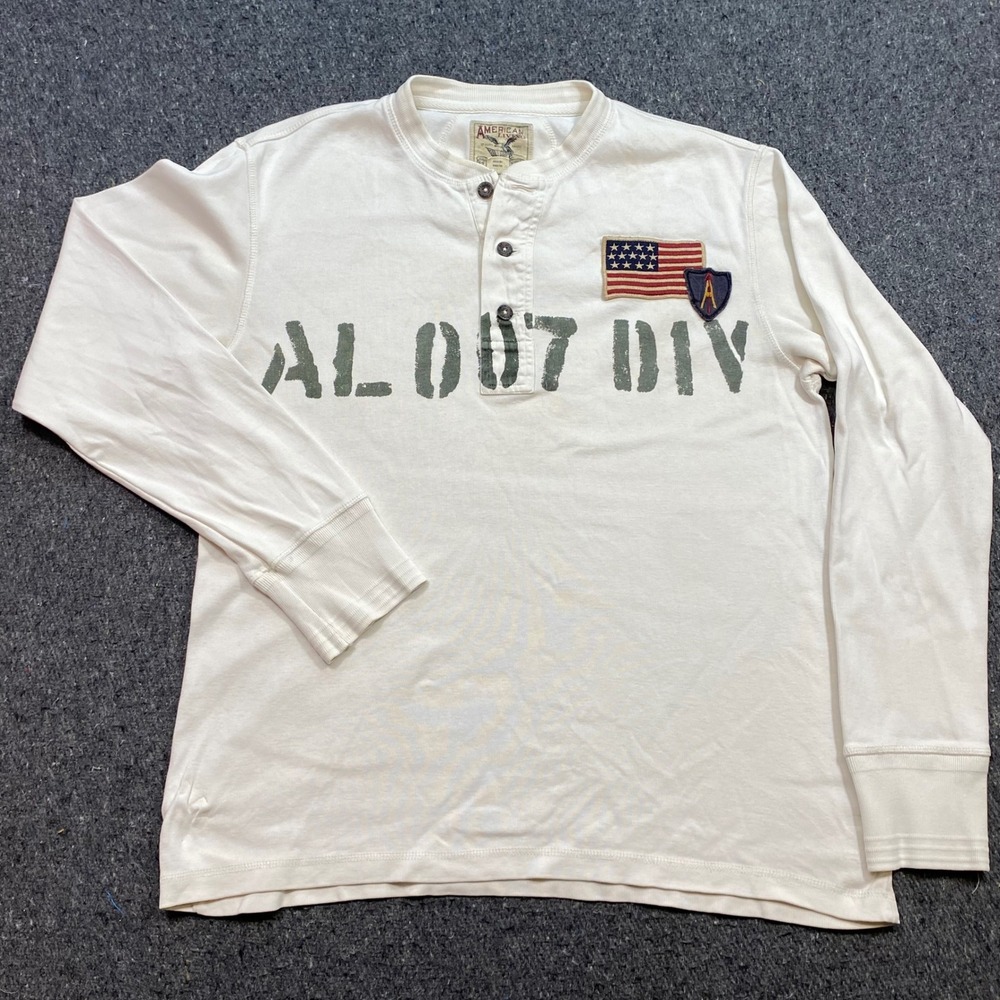 American Living Henley Sz M Mens White Military Grunge Graphic Patch TShirt
